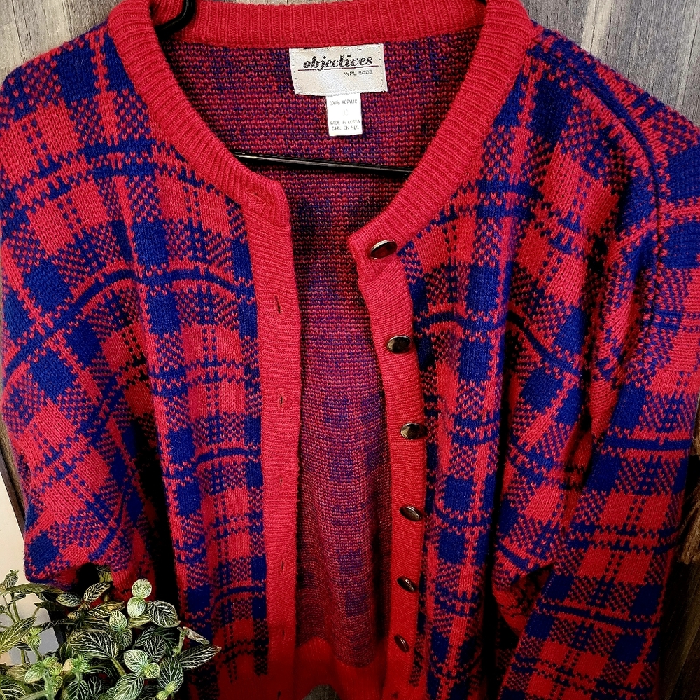Vintage Red and Blue Plaid Womens Sweater/Cardigan